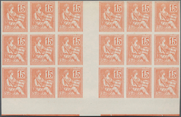 Frankreich: 1900, Mouchon 15c. Orange, Bottom Marginal IMPERFORATE Gutter Block Of 18, Ungummed Pape - Autres & Non Classés