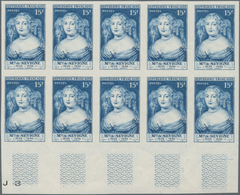 Frankreich: 1950, Marie De Sevigne 15fr. Blue IMPERFORATE Block Of Ten From Lower Margin, Mint Never - Andere & Zonder Classificatie