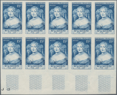 Frankreich: 1950, Marie De Sevigne 15fr. Blue IMPERFORATE Block Of Ten From Lower Margin, Mint Never - Other & Unclassified