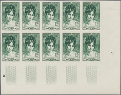 Frankreich: 1950, Juliette Recamier (author) 12fr. Green IMPERFORATE Block Of Ten From Lower Right C - Sonstige & Ohne Zuordnung