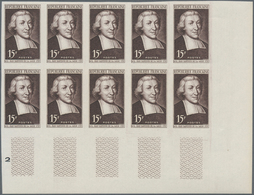 Frankreich: 1951, 300th Birthday Of Jean Baptiste De La Salle 15fr. Brown IMPERFORATE Block Of Ten F - Sonstige & Ohne Zuordnung