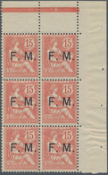 Frankreich - Militärpostmarken: 1902, Mouchon II 15c. Red Optd. ‚F. M.‘ Block Of Six From Upper Righ - Militärische Franchisemarken