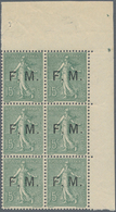 Frankreich - Militärpostmarken: 1904, Semeuse 15c. Grey-green Optd. ‚F. M.‘ Block Of Six From Upper - Timbres De Franchise Militaire