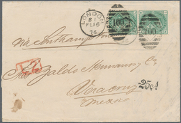 Großbritannien: 1875 1s. Green Vertical Pair, Plate 12, Used On Folded Letter From London To Veracru - Autres & Non Classés