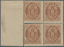 Island: 1873 8s. Brown Left-hand Marginal BLOCK OF FOUR, MINT NEVER HINGED. Lower Pair Separated Exc - Autres & Non Classés