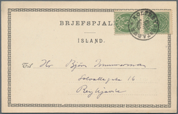 Island: 1898 5a. Dull Green Vertical Pair, Perf 12¾, Used On Picture Postcard (Hekla) From Kolfreyju - Autres & Non Classés