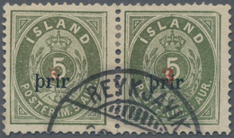 Island: 1897 Provisional 3 On 5a. Green HORIZONTAL PAIR, Perf 14x13½, Overprinted "3" In Red And LAR - Sonstige & Ohne Zuordnung