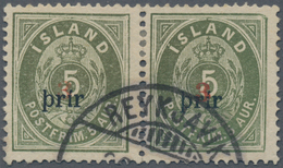 Island: 1897 Provisional 3 On 5a. Green HORIZONTAL PAIR, Perf 14x13½, Overprinted "3" In Red And LAR - Altri & Non Classificati
