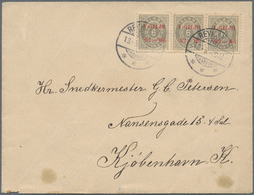 Island: 1902-03 6a. Grey Horizontal Strip Of Three, Optd. "Í GILDI/'02-'03" In Red, Used On Cover Fr - Autres & Non Classés