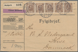 Island: 1907 16a. Brown Horizontal Strip Of Five Used On Insured Printed Parcel Acc. Cover From Reyk - Sonstige & Ohne Zuordnung