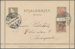 Island - Ganzsachen: 1908 Destination Hungary: Postal Stationery Letter Card 4a., Uprated 'Two Kings - Entiers Postaux
