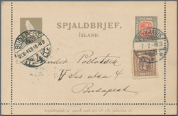 Island - Ganzsachen: 1908 Destination Hungary: Postal Stationery Letter Card 4a., Uprated 'Two Kings - Interi Postali