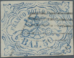 Italien - Altitalienische Staaten: Kirchenstaat: 1852, 50 Baj. Blue Cancelled With Grid Postmark, Th - Kirchenstaaten