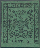 Italien - Altitalienische Staaten: Modena: 1852, 5 Cent. Black On Green Without A Dot Behind The Dig - Modena