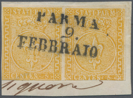 Italien - Altitalienische Staaten: Parma: 1853, 5 Cent. Yellow-orange Pair With Clear And Centrical - Parme