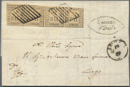 Italien - Altitalienische Staaten: Romagna: 1859, 1/2 Baj Black On Pale Yellow, Horizontal Strip Of - Romagna