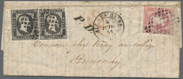 Italien - Altitalienische Staaten: Sardinien: 1851, 5 C. Black, Horizontal Pair, And 40 C. Rose Tied - Sardaigne