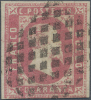 Italien - Altitalienische Staaten: Sardinien: 1851, 40 Cent. Rose-lilac With Dot Cancel, On Three Si - Sardegna