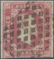 Italien - Altitalienische Staaten: Sardinien: 1851, 40 Cent. Rose-lilac With Dot Cancel, On Three Si - Sardinia