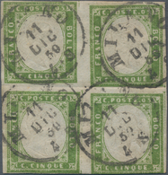 Italien - Altitalienische Staaten: Sardinien: 1855, 5 C Yellow-green In Block Of Four, Each Stamp Ca - Sardegna