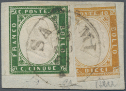 Italien - Altitalienische Staaten: Sardinien: 1855, 5 C Dark Green Mixed Franking With 10 C Ochre-br - Sardinien