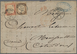 Italien - Altitalienische Staaten: Sardinien: 1858. 10 C Umbra And 40 C Scarlet Red, Both Tied By Cd - Sardinien