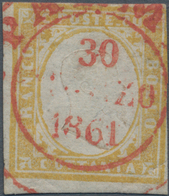 Italien - Altitalienische Staaten: Sardinien: 1859. 80 C. Light Olive Yellow, Cancelled By RED Doubl - Sardinia