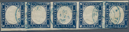 Italien - Altitalienische Staaten: Sardinien: 1857/1858: 20 C Blue, Horizontal Strip Of Five, Cancel - Sardinië