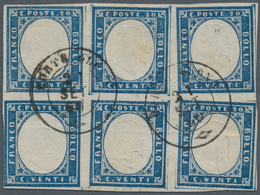 Italien - Altitalienische Staaten: Sardinien: 1860, 20 C Blue In Block Of Six Cancelled With Double - Sardinië