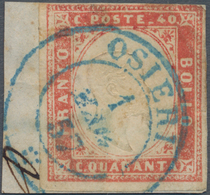 Italien - Altitalienische Staaten: Sardinien: 1855/61: 40 C. Red, Tied By Rare BLUE Double Circle OS - Sardinië