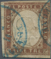 Italien - Altitalienische Staaten: Sardinien: 1861. 3 Lire Brown, Clear Embossed Effigy, Cancelled B - Sardinië