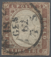 Italien - Altitalienische Staaten: Sardinien: 1861, 3 Lire Brown, Cancelled "T(ORIN)O 18 GEN (18)62" - Sardinien