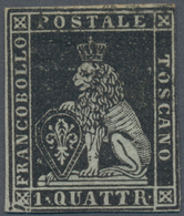 Italien - Altitalienische Staaten: Toscana: 1851. 1 Q Black On Greyish Paper, Cancelled By Very Ligh - Tuscany