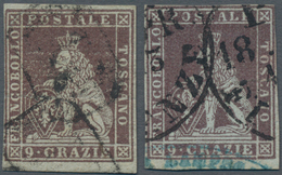 Italien - Altitalienische Staaten: Toscana: 1851, Two Stamps 9 Cr. Violet Brown On Blueish Paper (si - Tuscany