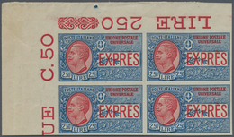 Italien: 1926, 2.50 L Blue/red Block Of Four, Upper Left Corner Edge, Imperforated, Mint Never Hinge - Afgestempeld