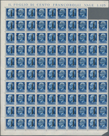 Italien: 1944, 1.25 L Blue Folded Original Sheet Of 100 Stamps (without Two Items), The Margin On Ri - Oblitérés