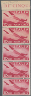 Italien: 1945, 10 L Rose-carmine In Vertical Stripe Of Five With Margin On Top, Two Stamps Printed O - Oblitérés