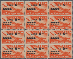 Italien: 1947, 6 L On 3,20 L Orange Overprint Airmal Stamp In Block Of Twelve, Mint Never Hinged ÷ 1 - Afgestempeld