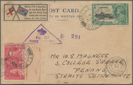 Malta: 1941 Postcard And A Cover Sent To PENANG, Straits Settlements, Both With Special "MALTA Is Gr - Malte