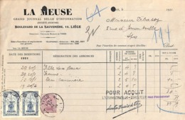 Liège - La Meuse - Insertion Annonce 1921 (Timbres+ Dos) - 1900 – 1949