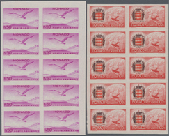 Monaco: 1942, Airmail Issue Complete Set Of Six In IMPERFORATE Blocks Of Ten, Mint Never Hinged And - Neufs