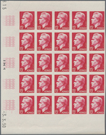 Monaco: 1950/1951, Prince Rainier III. Definitives Set Of Seven In IMPERFORATE Blocks Of 25 With Mar - Unused Stamps
