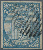 Norwegen: 1855 4s. Blue Showing Variety "DOUBLE FOOT", Used And Cancelled By Circle Of 11 Bars, Even - Autres & Non Classés