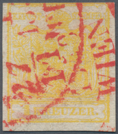 Österreich: 1854, 1 Kreuzer Maschinenpapier, Type II, Chromgelb Mit Zwei Roten Teilabschlägen Des Wi - Used Stamps