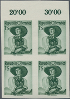 Österreich: 1949, Freimarken Trachten, 1 Sch. Gelblichgrün Im Ungezähnten Oberrand-4er-Block, Postfr - Used Stamps