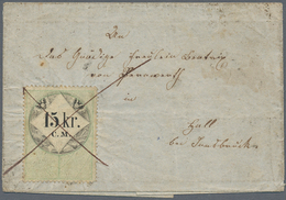 Österreich - Stempelmarken: 1855 Ca., 15 Kreuzer C.M. Grün/schwarz Stempelmarke, übergehend Mit Fede - Fiscaux
