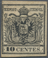 Österreich - Lombardei Und Venetien: 1854, 10 Cmi Schwarz, Type III, Maschinenpapier, Links Knapp-, - Lombardo-Vénétie