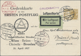 Österreich - Flugpost: 1927 (21.4.), Gedenkkarte An Den Ersten Postflug Von Wien Nach Brünn Mit Einz - Autres & Non Classés