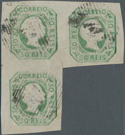 Portugal: 1855, Pedro 50r. Bluish Green, Used Block Of Three, Slight Imperfections. - Oblitérés