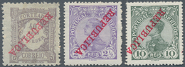 Portugal: Postage Stamps 2½ R And 10 R As Well As Postage Due Stamp 40 R With Inverted Overprint "RE - Oblitérés